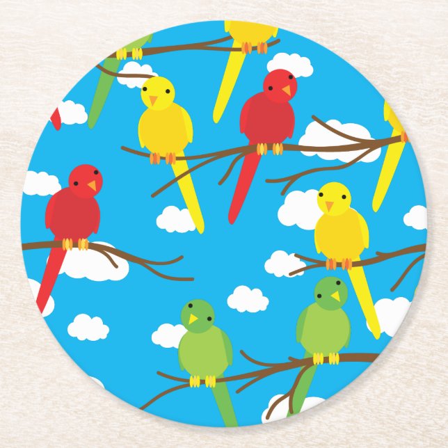Birds Cute Colourful Spring 1st Birthday Round Paper Coaster (Front)