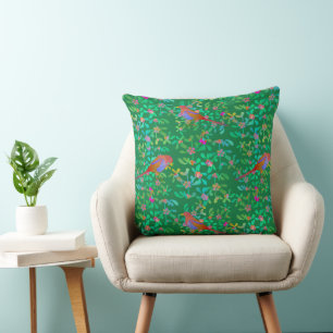 Birds Doing Brunch at Misty Forest Throw Pillow