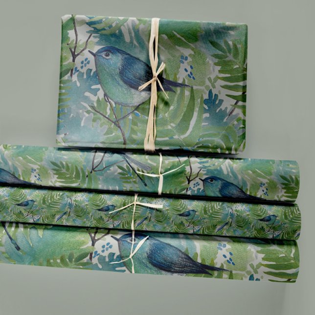 Birds Dragonflies Blue Ferns Decoupage Wrapping Paper Sheet (Elegant Birds Blue Fern Plants Floral Wrapping Paper Sheets from Studio Posies.)