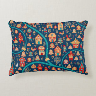 Bird's eye view. Houses,forest,dwarves,bears,foxes Accent Pillow
