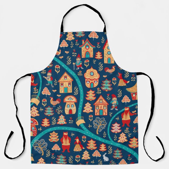 Bird's eye view. Houses,forest,dwarves,bears,foxes Apron (Front)