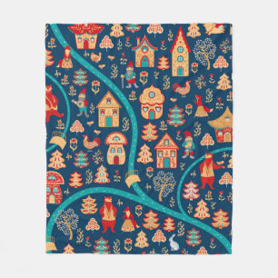 Bird's eye view. Houses,forest,dwarves,bears,foxes Fleece Blanket