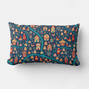 Bird's eye view. Houses,forest,dwarves,bears,foxes Lumbar Pillow
