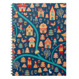Bird's eye view. Houses,forest,dwarves,bears,foxes Notebook