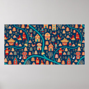 Bird's eye view. Houses,forest,dwarves,bears,foxes Poster