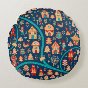 Bird's eye view. Houses,forest,dwarves,bears,foxes Round Pillow