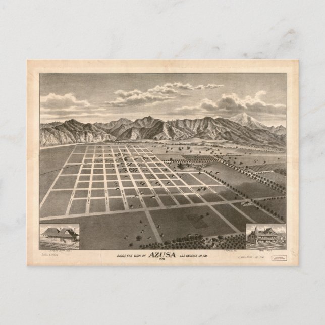 Bird's Eye View of Azusa, California (1887) Postcard (Front)