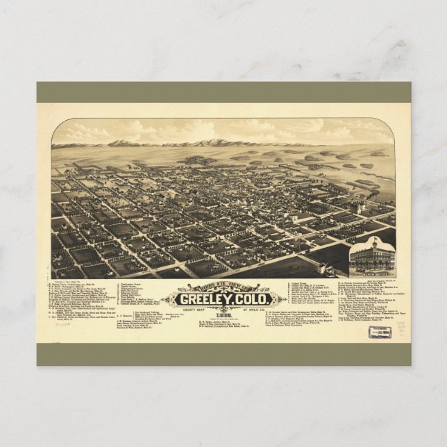 Bird's eye view of Greeley Colorado (1882) Postcard (Front)