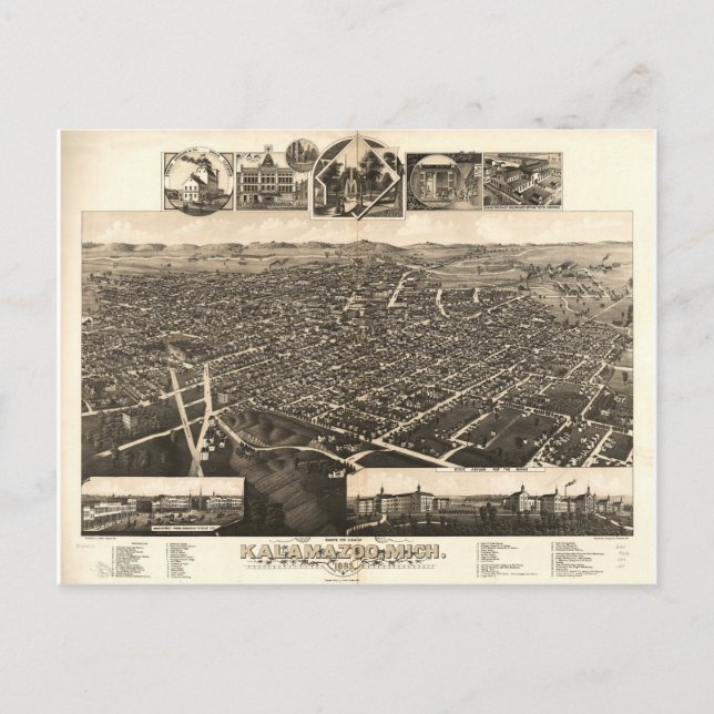Bird's Eye View of Kalamazoo, Michigan (1883) Postcard (Front)
