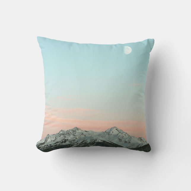BIRD'S EYE VIEW OF MOUNTAIN PEAKS UNDER BLUE SKY THROW PILLOW (Front)