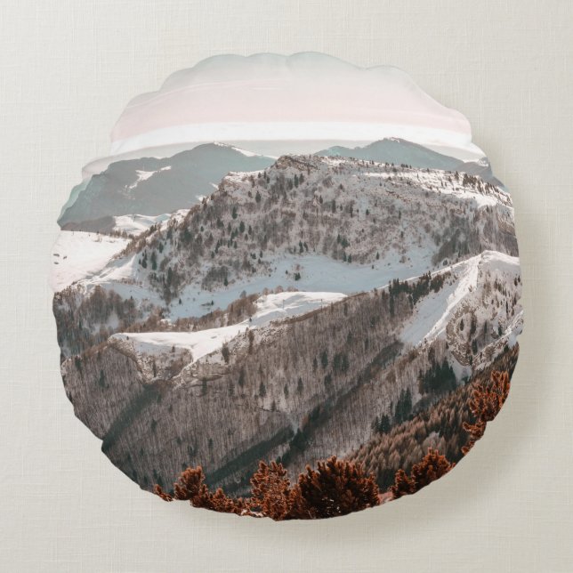BIRD'S-EYE VIEW OF SNOW COVERED MOUNTAIN UNDER CLE ROUND PILLOW (Front)
