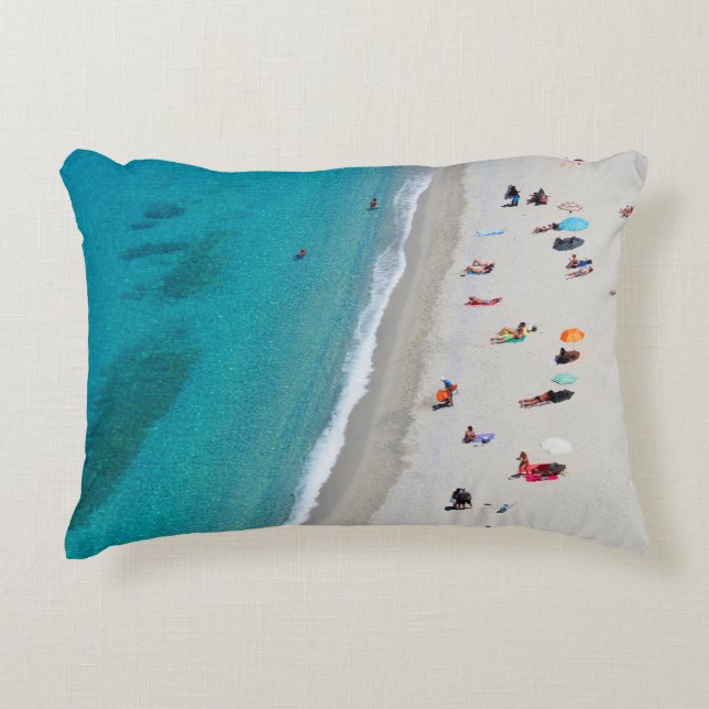 Bird's eye view photo of people on beach accent pillow (Front)