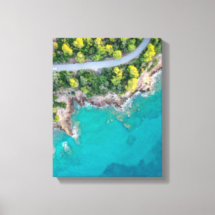 bird's-eye view photography of road in forest canvas print