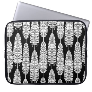 Birds feathers boho seamless pattern in black and laptop sleeve