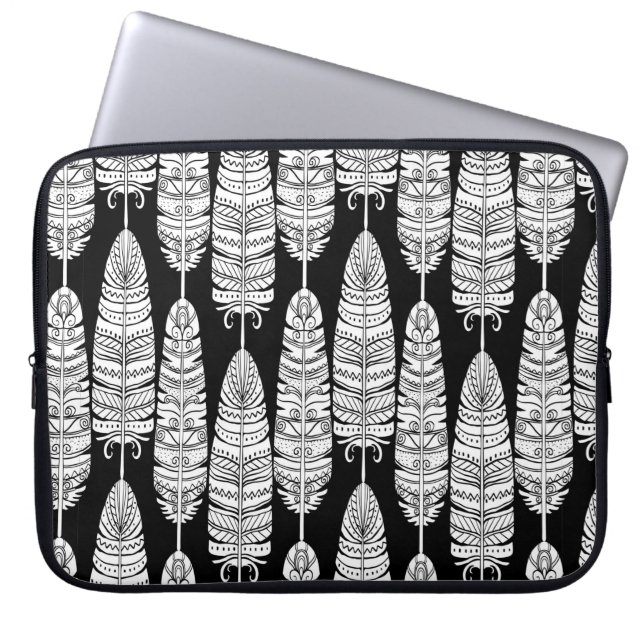 Birds feathers boho seamless pattern in black and  laptop sleeve (Front)