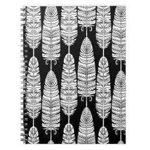 Birds feathers boho seamless pattern in black and  notebook