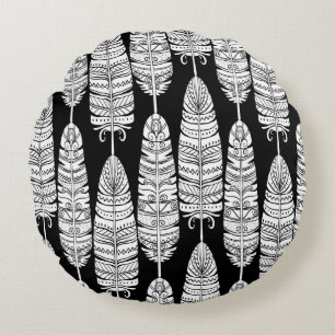 Birds feathers boho seamless pattern in black and  round pillow
