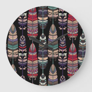 Birds Feathers Tribal Art Seamless Large Clock
