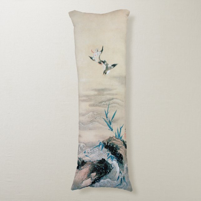 Birds Fighting in the Mountain Stream, Hokusai Body Pillow (Front Vertical)
