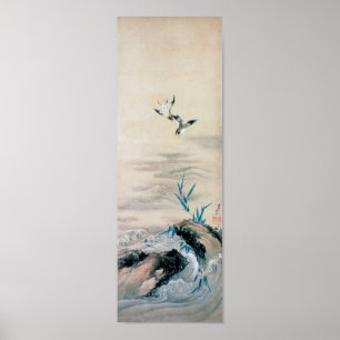 Birds Fighting in the Mountain Stream, Hokusai Poster