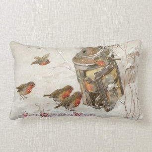 Birds Find Shelter in Lantern Vintage Christmas Lumbar Pillow
