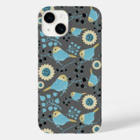 Birds Floral Berries Blue Cream Black Grey Pattern