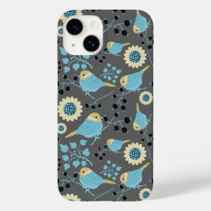 Birds Floral Berries Blue Cream Black Grey Pattern Case-Mate iPhone 14 Case