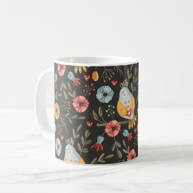 Birds Floral Bohemian Pattern Coffee Mug (Front Left)
