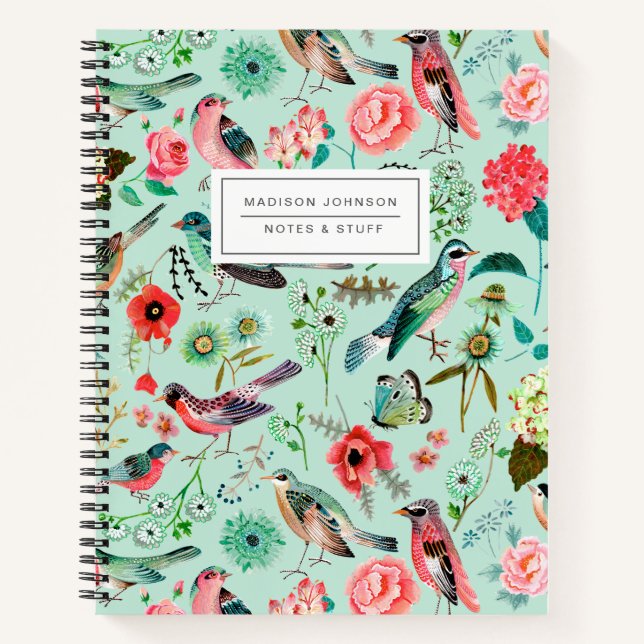 Birds & floral mint green all-over print  notebook (Front)
