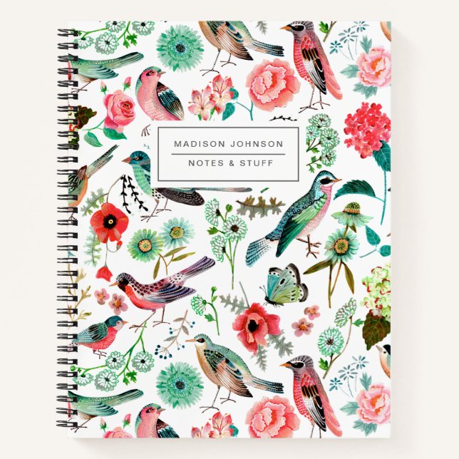 Birds & floral multi-colour all-over print  notebook (Front)