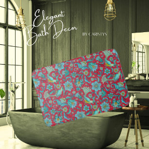 Birds, Florals, Blues, Red Bath Mat