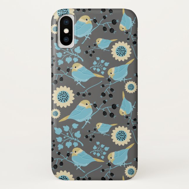 Birds Flowers and Berries Blue Cream Black Grey Case-Mate iPhone Case (Back)