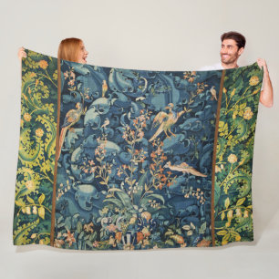 BIRDS ,FLOWERS AND CABBAGE LEAVES ,Blue Fleece Blanket
