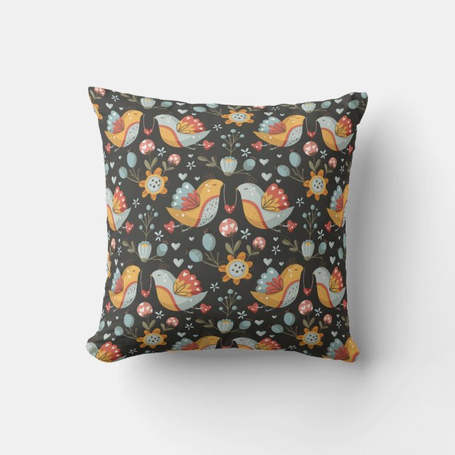 Birds Flowers Bohemian Love Pattern Throw Pillow (Front)