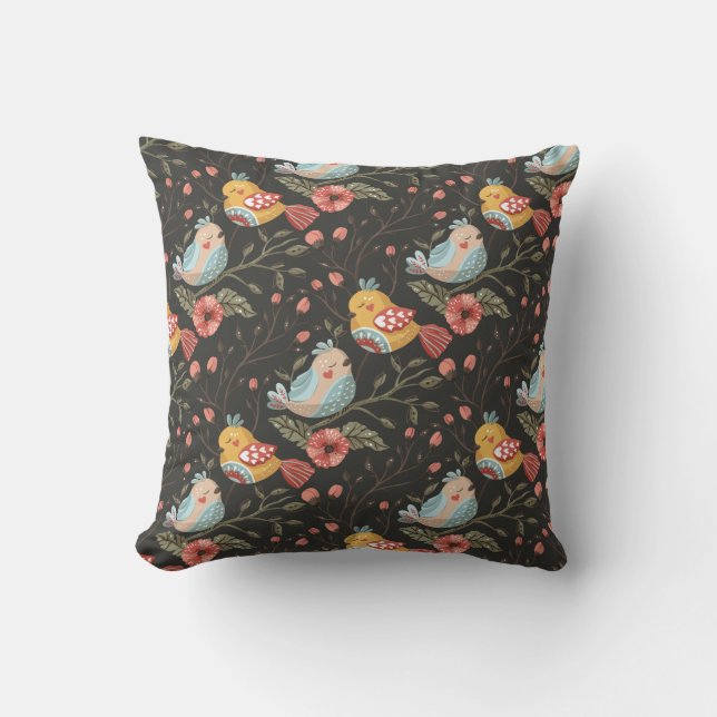 Birds Flowers Bohemian Love Pattern Throw Pillow (Front)