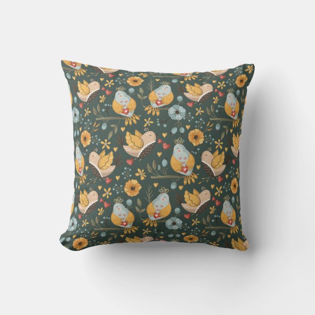 Birds Flowers Bohemian Pattern Throw Pillow (Front)