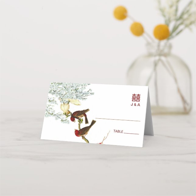 Birds & Flowers Chinese Wedding Place + Menu Card (Front)