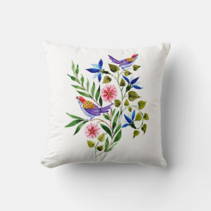Birds Flowers Floral Watercolor  Throw Pillow