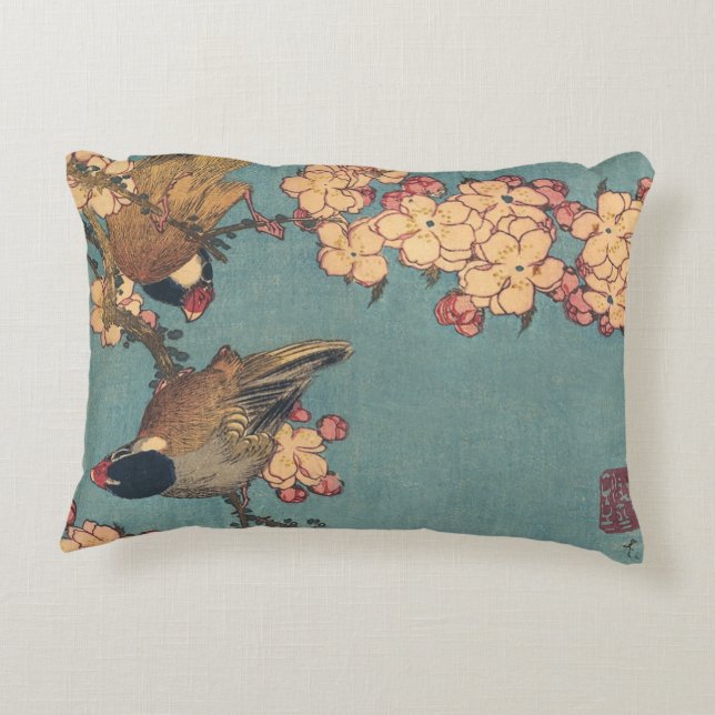 Birds Flowers Hokusai Japanese Art Accent Pillow (Back)