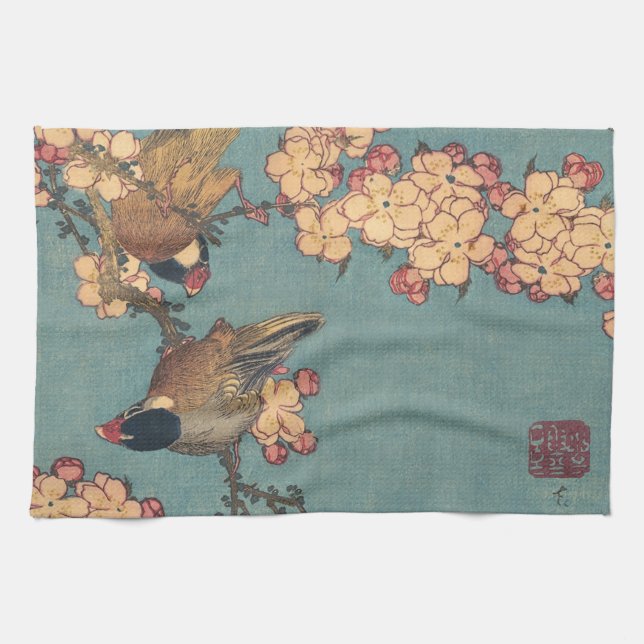 Birds Flowers Hokusai Japanese Art Kitchen Towel (Horizontal)