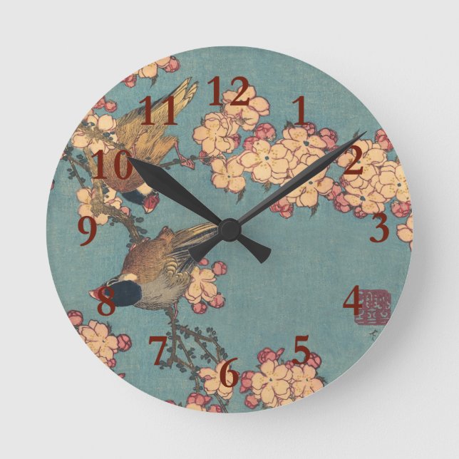 Birds Flowers Hokusai Japanese Art Round Clock (Front)