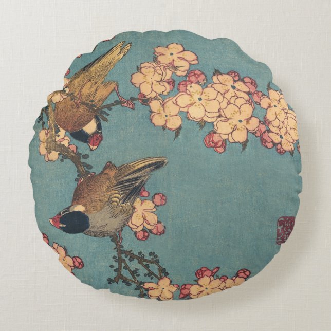 Birds Flowers Hokusai Japanese Art Round Pillow (Front)