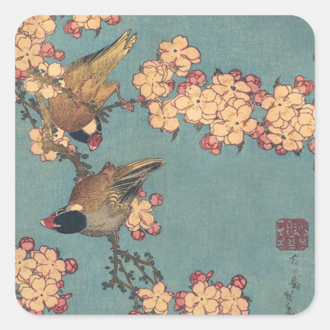 Birds Flowers Hokusai Japanese Art Square Sticker (Front)