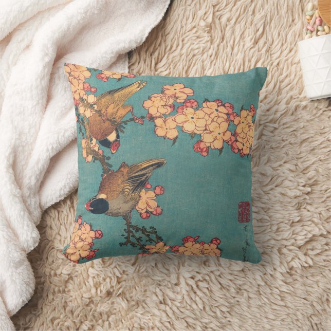 Birds Flowers Hokusai Japanese Art Throw Pillow (Blanket)