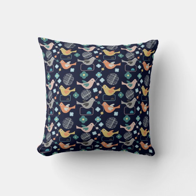 Birds Flowers Retro Modern Mid Century Fun Pattern Throw Pillow (Front)