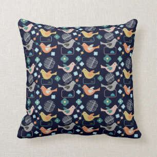 Birds Flowers Retro Modern Mid Century Fun Pattern Throw Pillow