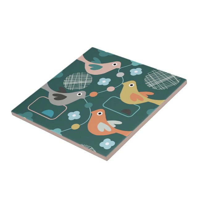 Birds Flowers Retro Modern Mid Century Pattern Tile (Side)