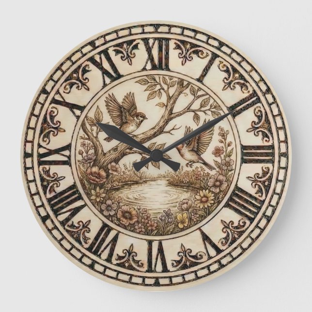 Birds & Flowers Rustic Wall Clock (Front)