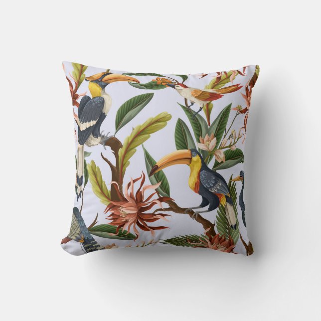 Birds & Flowers: Tropical Vintage Pattern. Throw Pillow (Front)