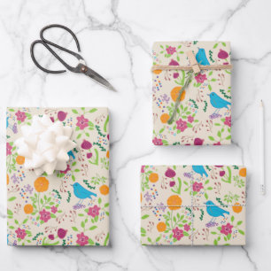 Birds  Flowers Wrapping Paper Flat Sheet Set of 3